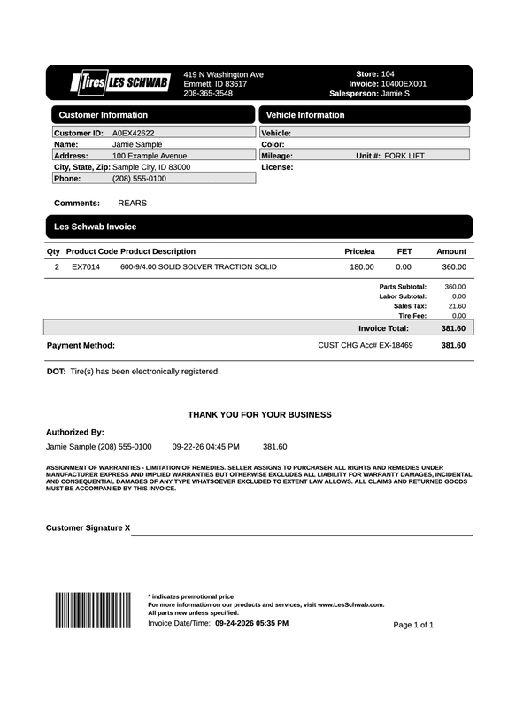 Les Schwab Receipt editable example