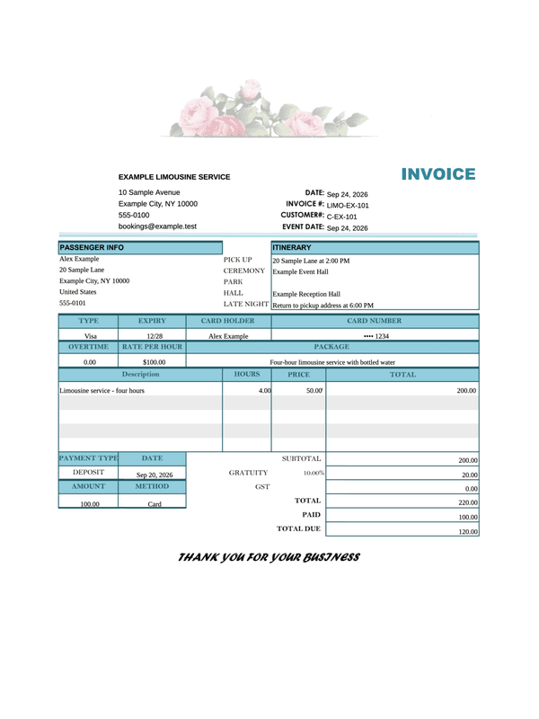 Limousine Service Invoice editable example