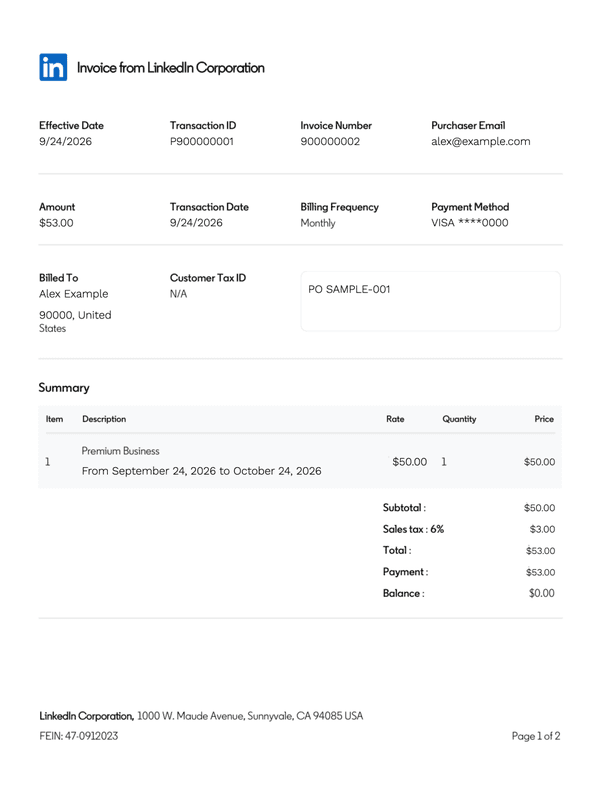 LinkedIn Premium Receipt editable example