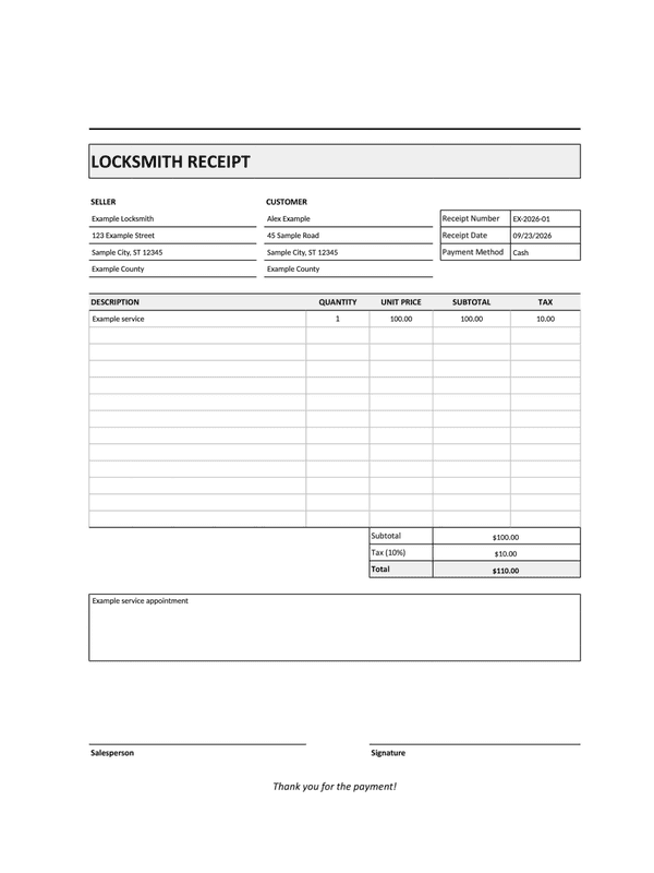 Locksmith Receipt editable example