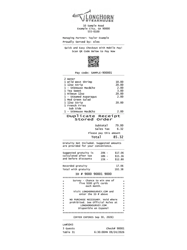LongHorn Steakhouse Guest Check editable example