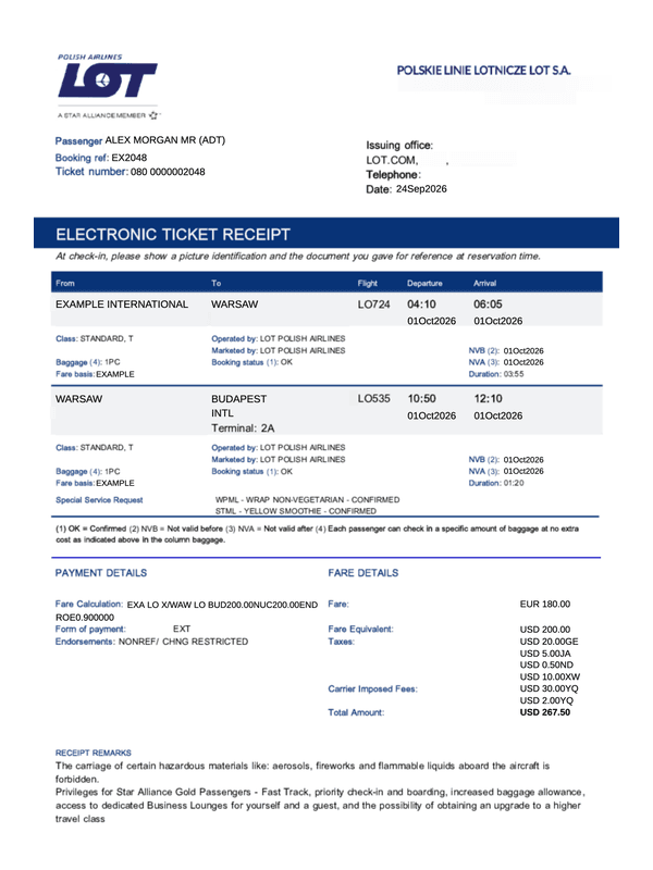 LOT Electronic Ticket and EMD Receipts editable example