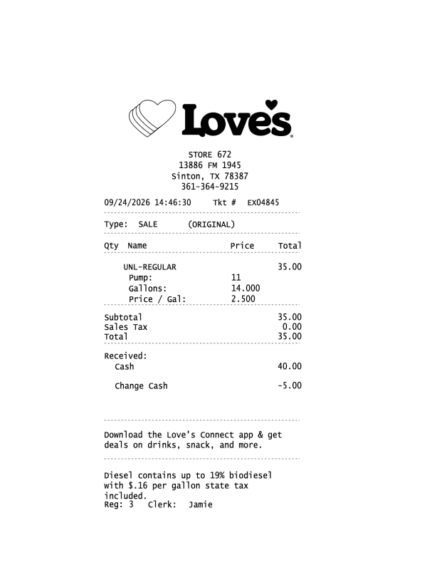 Love's Travel Stops Receipt editable example