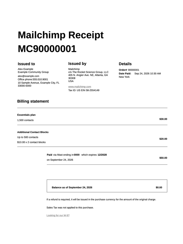 Mailchimp Receipt editable example