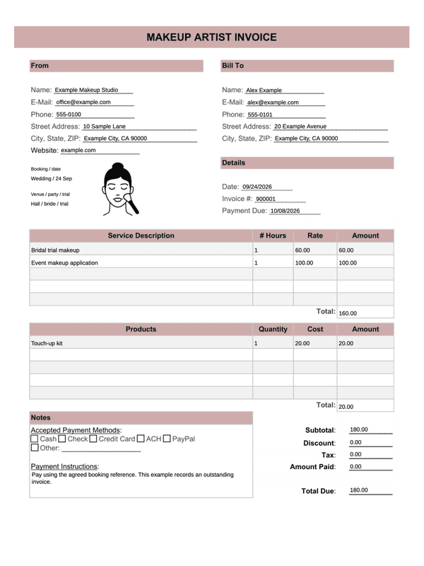 Makeup Artist Invoice editable example