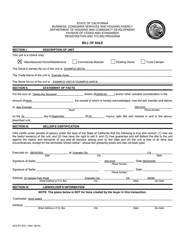Manufactured Home Sale Receipt editable example