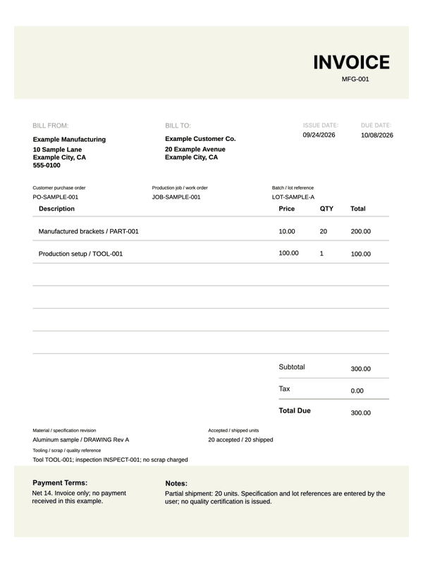 Manufacturing Invoice editable example