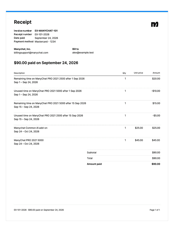 Manychat Subscription Receipt editable example