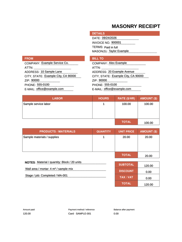 Masonry Receipt editable example