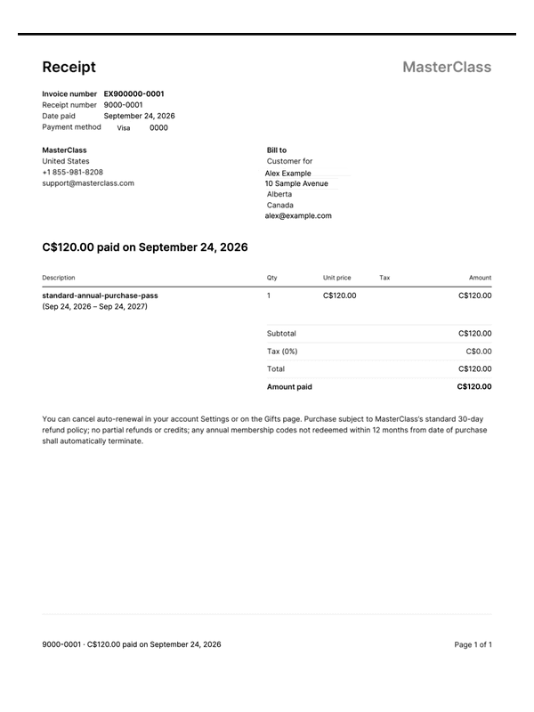 MasterClass Membership Receipt editable example