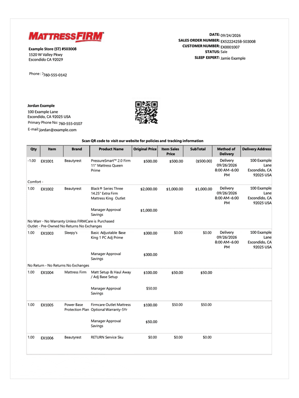 Mattress Firm Receipt editable example
