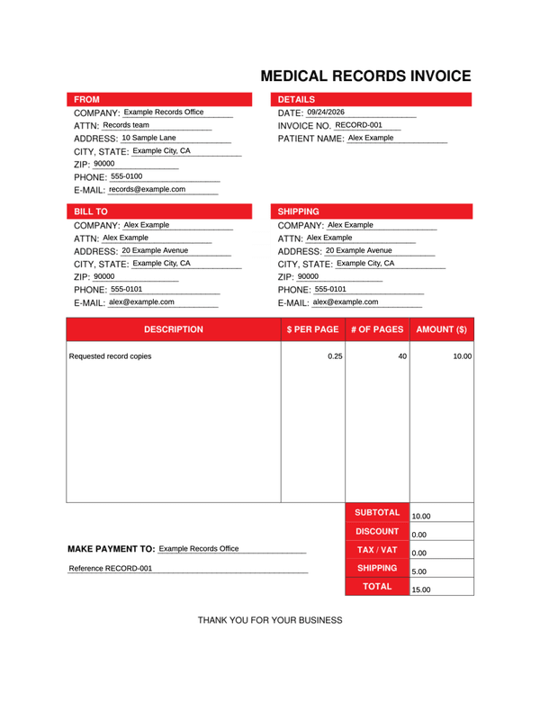 Medical Records Copy Fee Invoice editable example