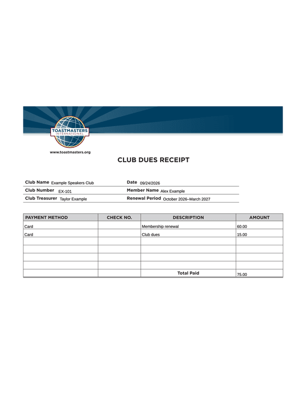 Club Membership Dues Receipt editable example