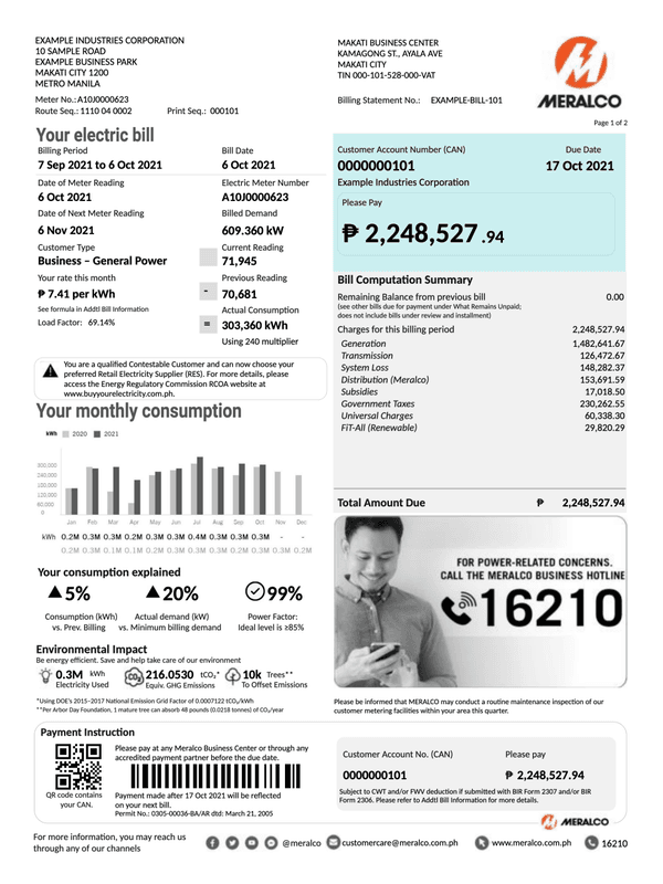 Meralco Business Bill editable example