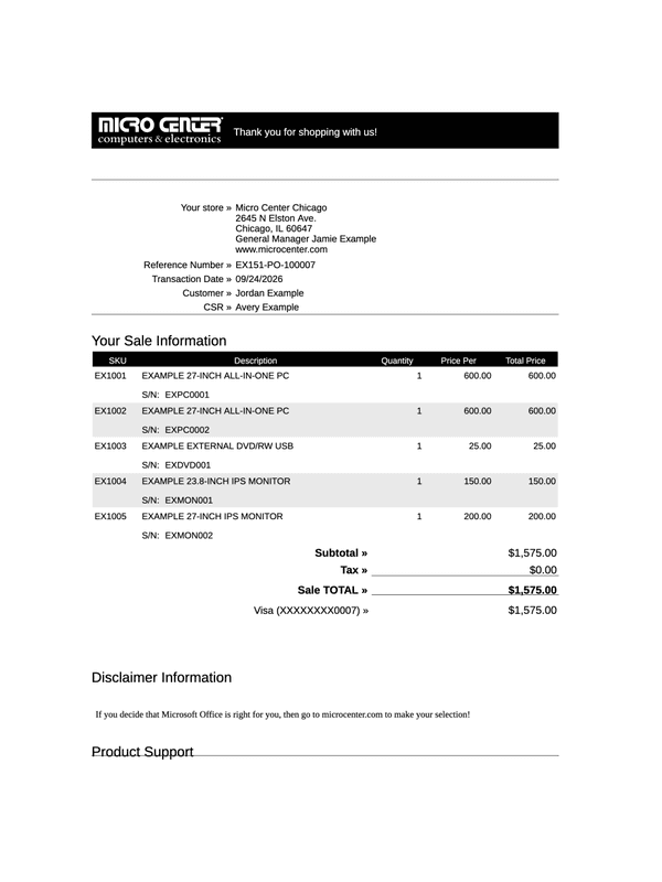 Micro Center Receipt editable example