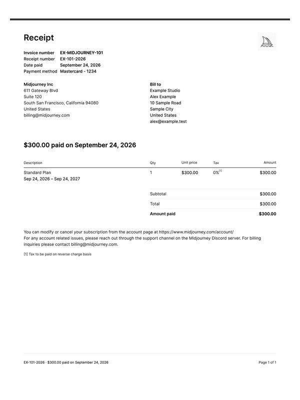 Midjourney Subscription Receipt editable example