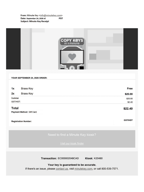 Minute Key Email Receipt editable example