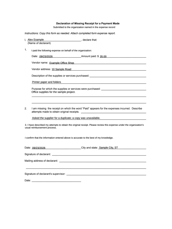 Missing Receipt Declaration editable example