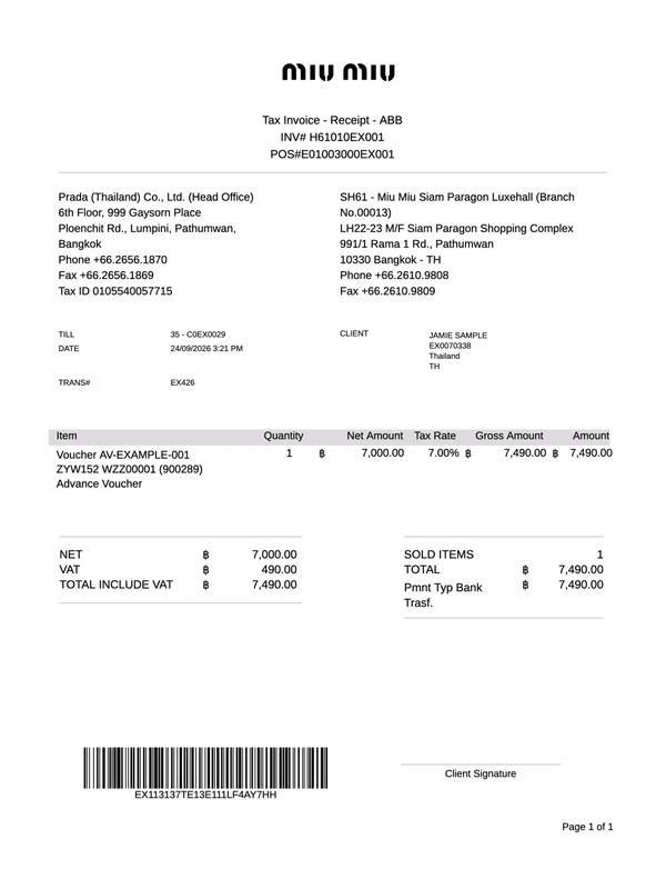 Miu Miu Receipt editable example