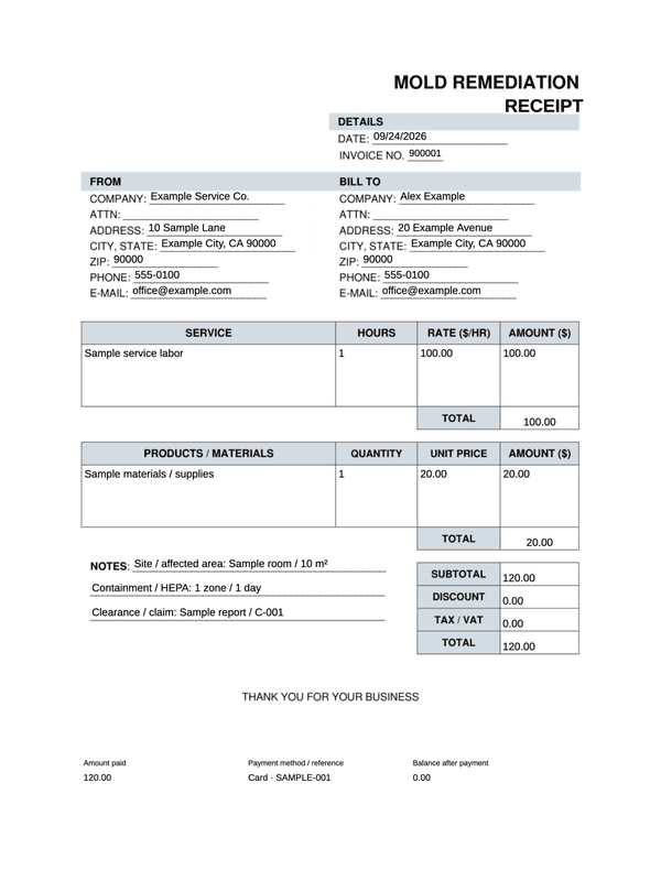 Mold Remediation Receipt editable example