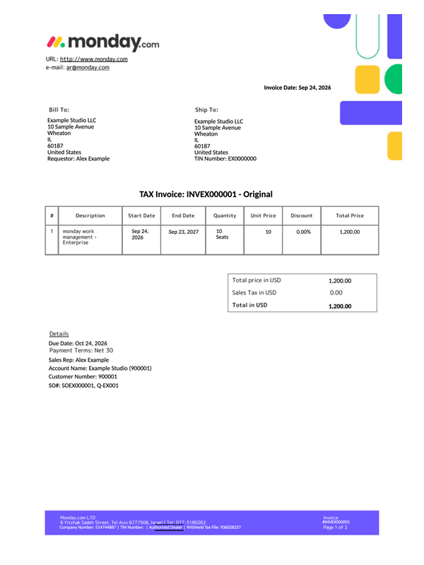 Monday.com Enterprise Invoice editable example
