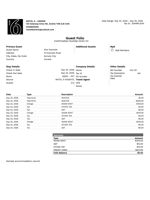 Motel 6 Airdrie, Alberta guest folio editable example