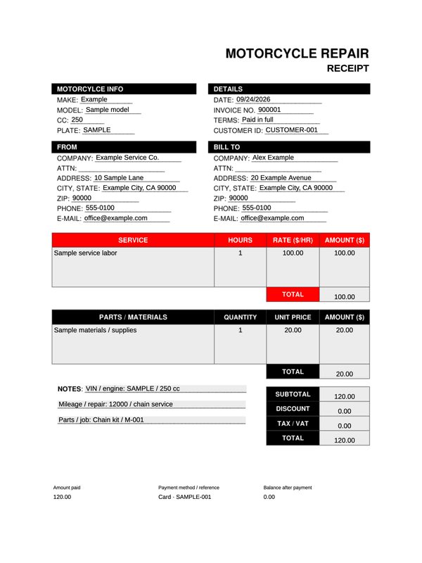 Motorcycle Repair Receipt editable example