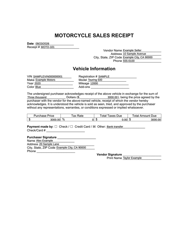 Motorcycle Sale Receipt editable example