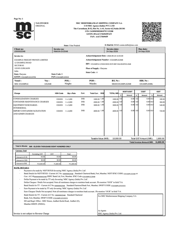 MSC Agency India Container Invoice editable example
