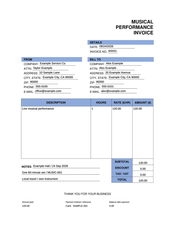 Musician Performance Receipt editable example