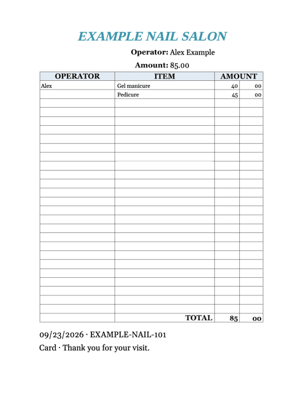 Nail Salon Receipt editable example