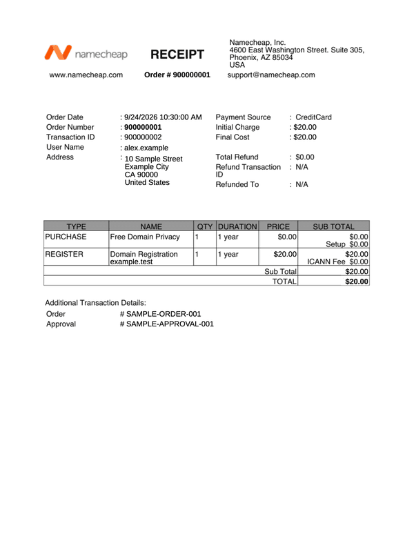 Namecheap Order Receipt editable example
