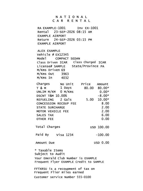 National Car Rental Receipt editable example