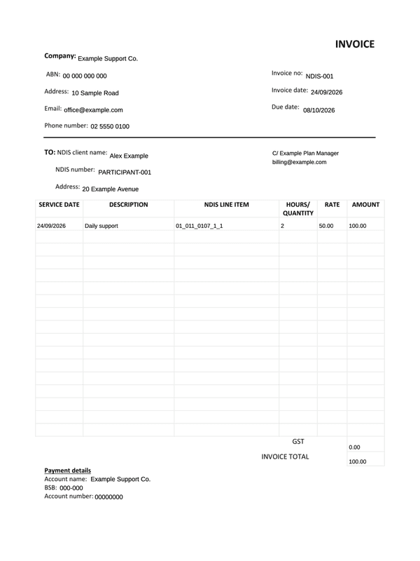 NDIS Service Invoice editable example