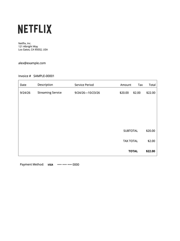 Netflix Subscription Invoice editable example