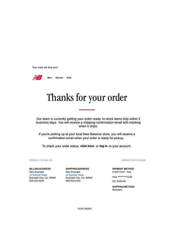 New Balance Order Receipt editable example