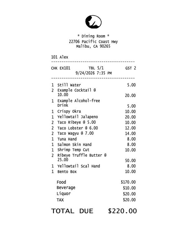 Nobu Malibu Guest Check editable example