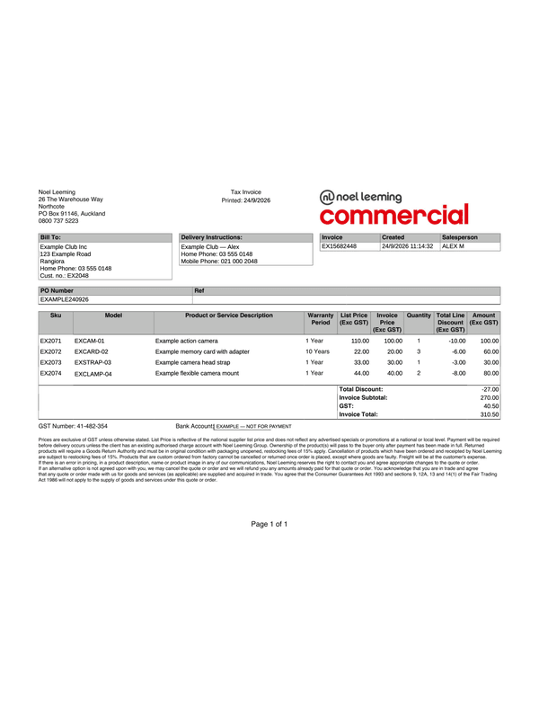 Noel Leeming Commercial Tax Invoice editable example