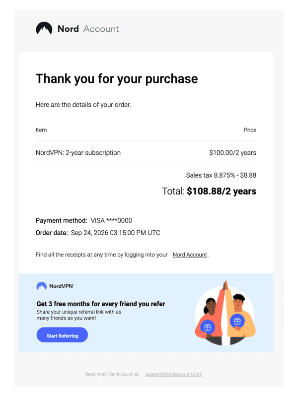 NordVPN Subscription Receipt editable example