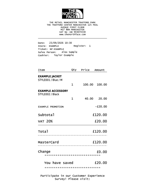 The North Face Receipt editable example