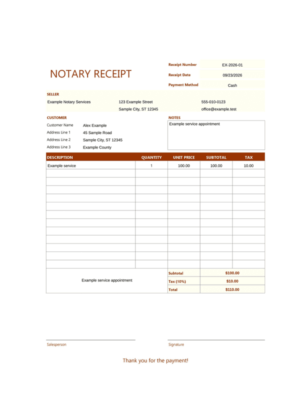 Notary Service Receipt editable example