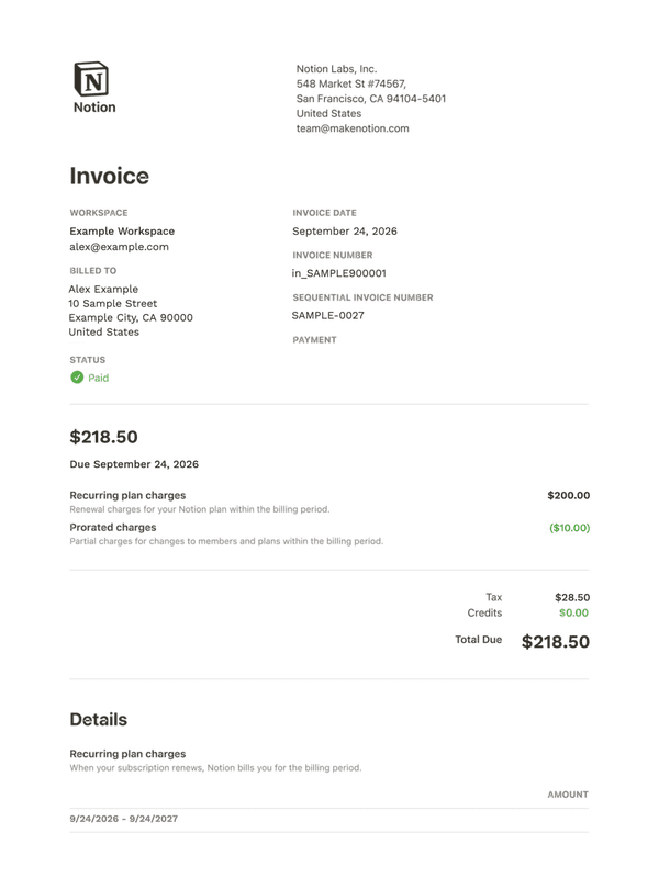 Notion Subscription Invoice editable example