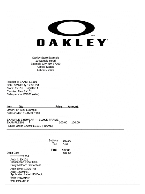 Oakley Store Receipt editable example