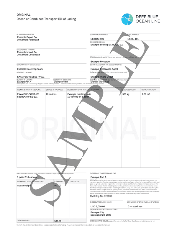 Ocean Cargo Bill of Lading Receipt editable example