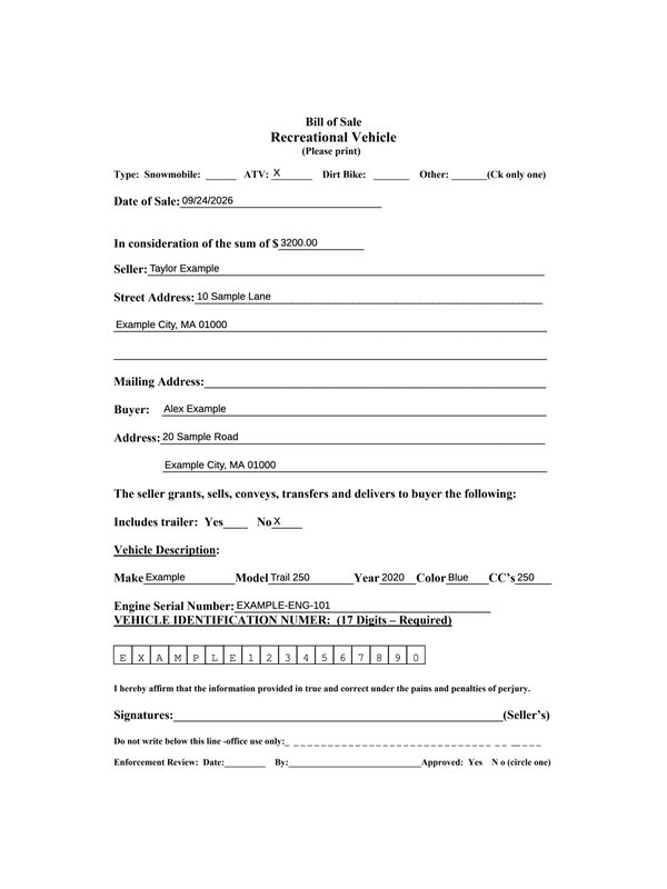 Off-Highway Vehicle Sale Receipt editable example