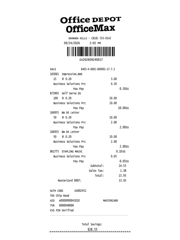 Office Depot Receipt editable example
