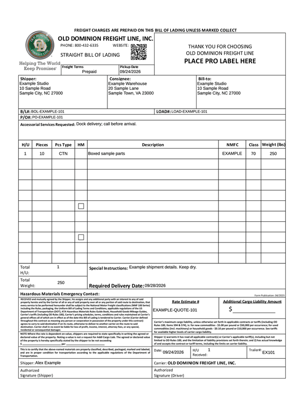 Old Dominion Bill of Lading editable example
