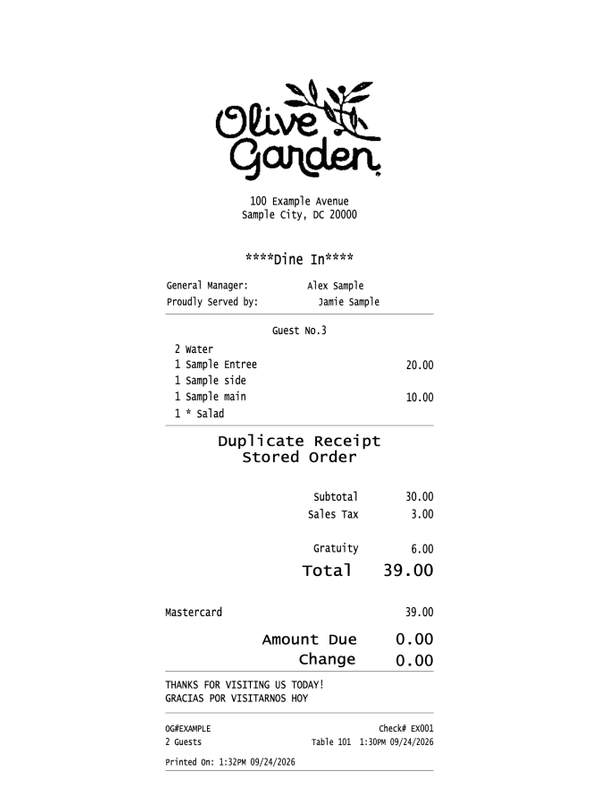 Olive Garden Paid Receipt editable example
