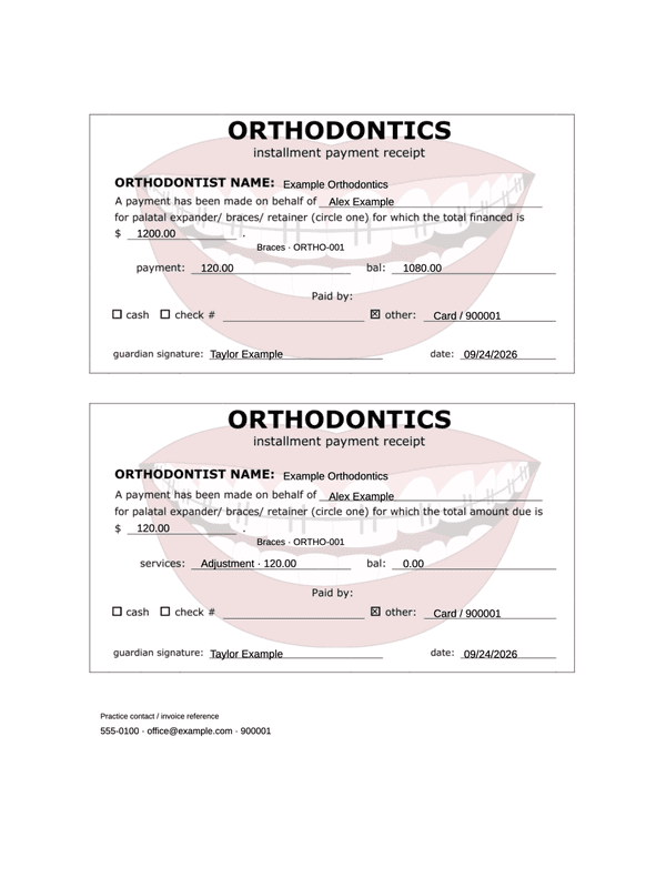 Orthodontic Payment Receipt editable example