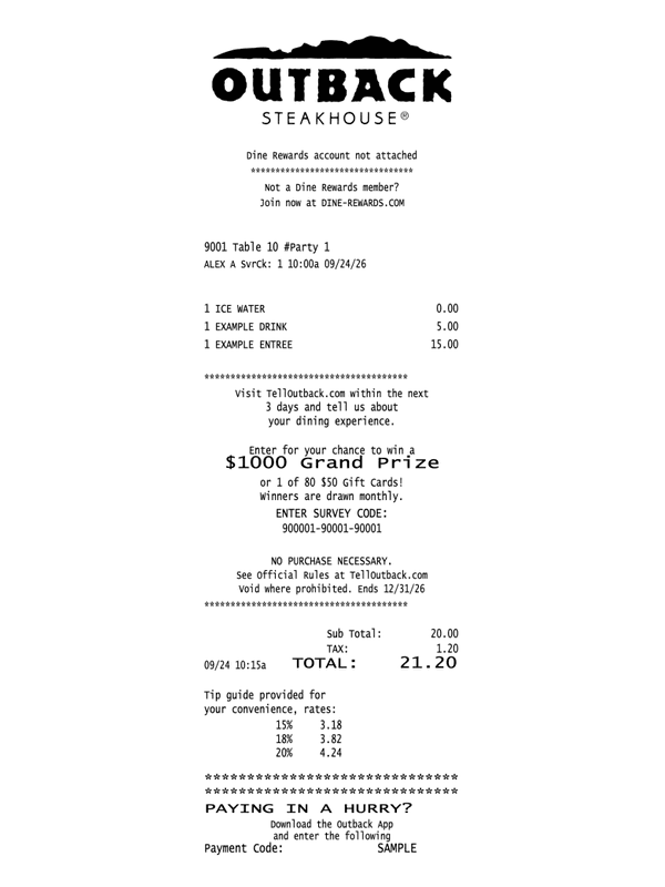 Outback Steakhouse Receipt editable example